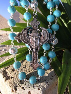 Scarab Rising Rosary, Egyptiana Howlite and Copper